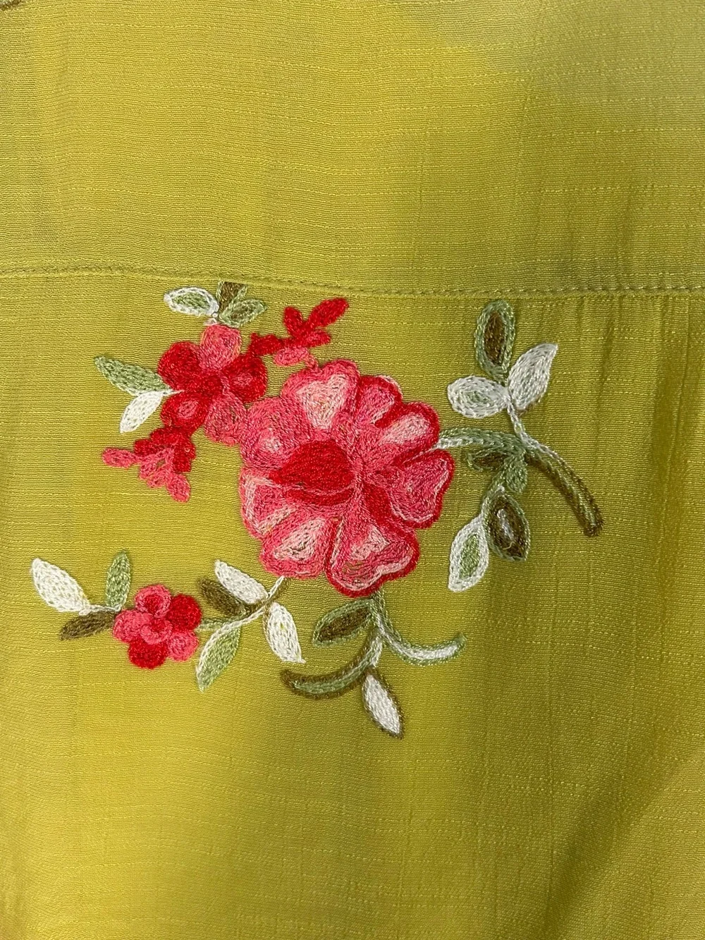 Embroidered Floral Button-Down Shirt in Chartreuse - Picture 7 of 9
